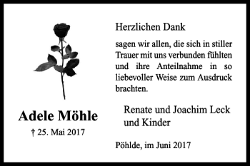 Traueranzeige von Adele Möhle von Harz Kurier