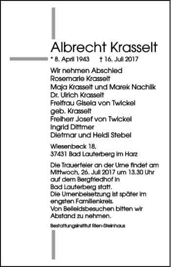 Traueranzeige von Albrecht Krasselt von Harz Kurier