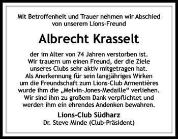 Traueranzeige von Albrecht Krasselt von Harz Kurier