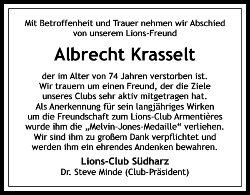 Traueranzeige für Albrecht Krasselt vom 20.07.2017 aus Harz Kurier