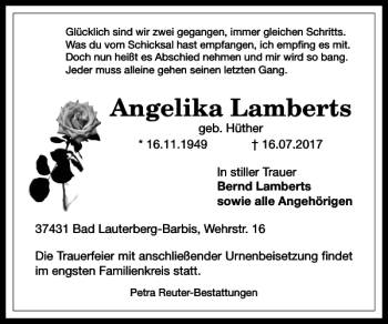 Traueranzeige von Angelika Lamberts von Harz Kurier