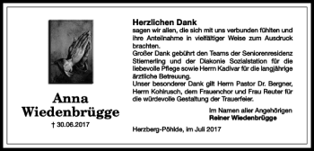 Traueranzeige von Anna Wiedenbrügge von Harz Kurier