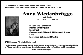 Traueranzeige von Anna Wiedenbrügge von Harz Kurier