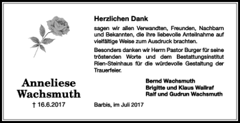 Traueranzeige von Anneliese Wachsmuth von Harz Kurier