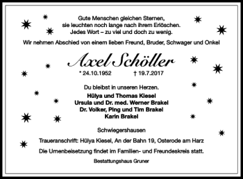 Traueranzeige von Axel Schöller von Harz Kurier