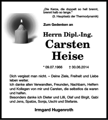 Traueranzeige von Carsten Heise von Harz Kurier