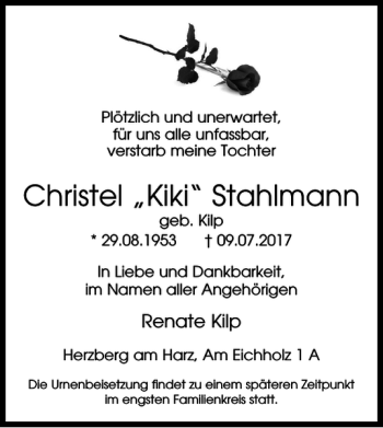 Traueranzeige von Christel Kiki Stahlmann von Harz Kurier