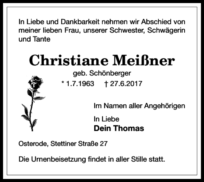  Traueranzeige für Christiane Meißner vom 01.07.2017 aus Harz Kurier