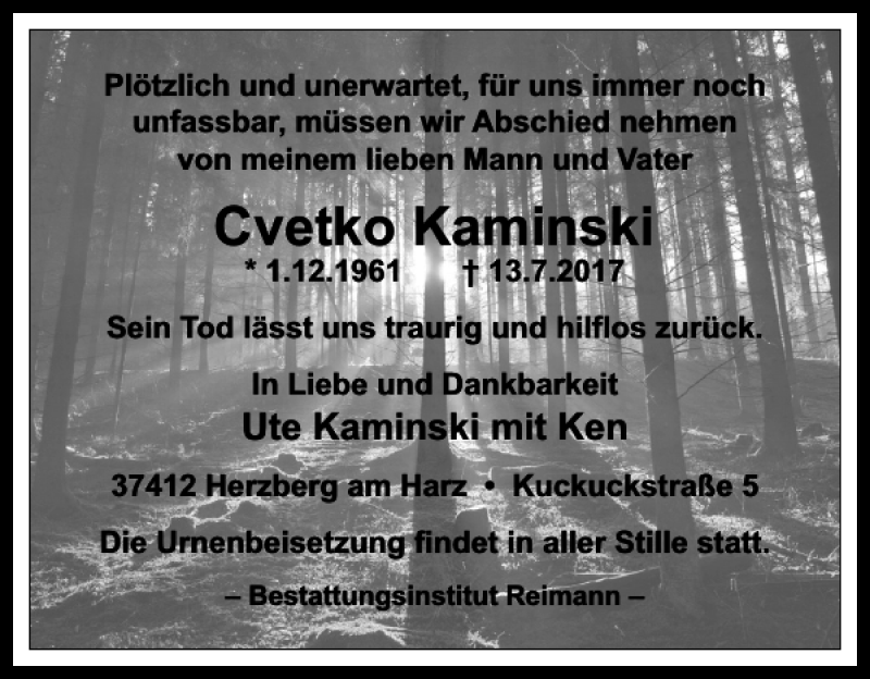 Traueranzeige für Cvetko Kaminski vom 18.07.2017 aus Harz Kurier