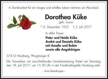 Traueranzeige von Dorothea Küke von Harz Kurier