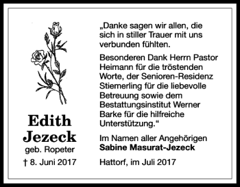 Traueranzeige von Edith Jezeck von Harz Kurier