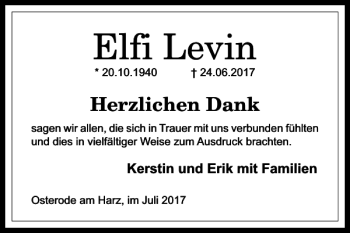 Traueranzeige von Elfi Levin von Harz Kurier