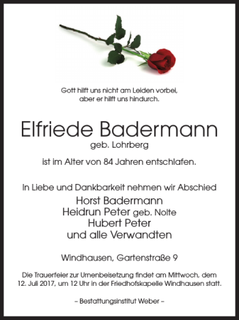 Traueranzeige von Elfriede Badermann von Harz Kurier