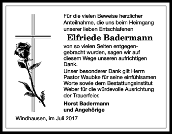 Traueranzeige von Elfriede Badermann von Harz Kurier