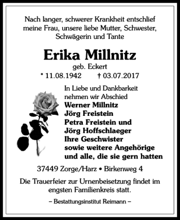 Traueranzeige von Erika Millnitz von Harz Kurier