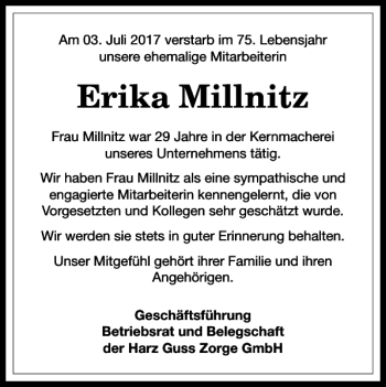 Traueranzeige von Erika Millnitz von Harz Kurier