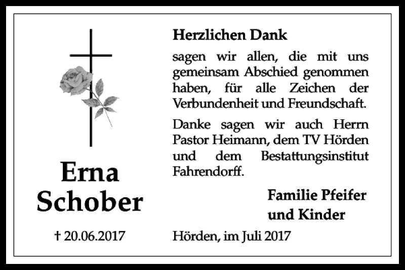  Traueranzeige für Erna Schober vom 22.07.2017 aus Harz Kurier