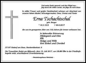 Traueranzeige von Erna Tschachtschal von Harz Kurier