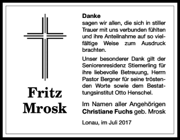 Traueranzeige von Fritz Mrosk von Harz Kurier