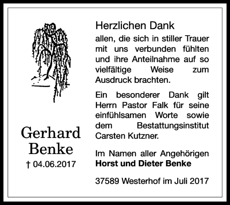  Traueranzeige für Gerhard Benke vom 15.07.2017 aus Harz Kurier