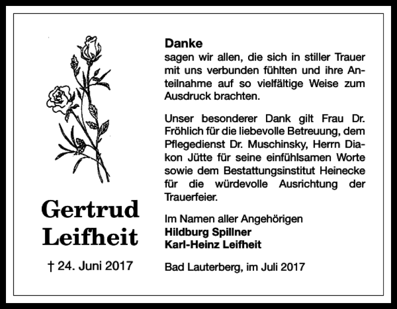  Traueranzeige für Gertrud Leifheit vom 26.07.2017 aus Harz Kurier