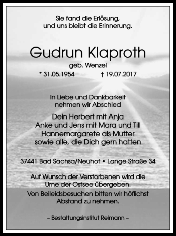 Traueranzeige von Gudrun Klaproth von Harz Kurier