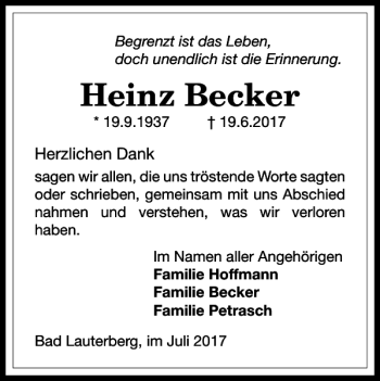 Traueranzeige von Heinz Becker von Harz Kurier
