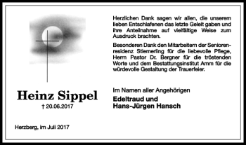 Traueranzeige von Heinz Sippel von Harz Kurier