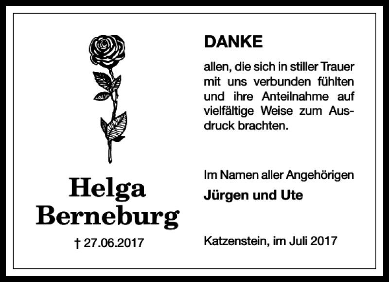 Traueranzeige für Helga Berneburg vom 15.07.2017 aus Harz Kurier