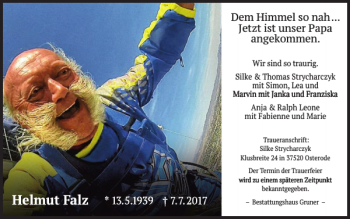 Traueranzeige von Helmut Falz von Harz Kurier