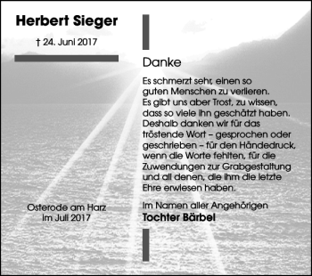 Traueranzeige von Herbert Sieger von Harz Kurier