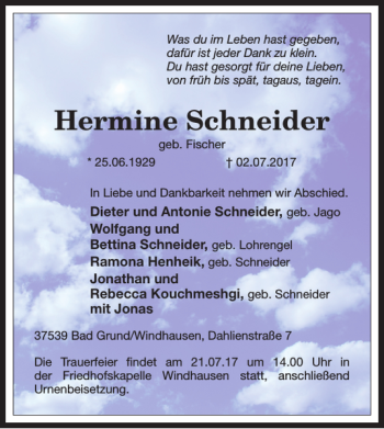 Traueranzeige von Hermine Schneider von Harz Kurier