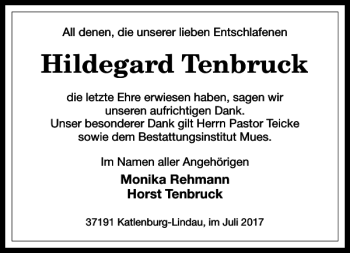 Traueranzeige von Hildegard Tenbruck von Harz Kurier