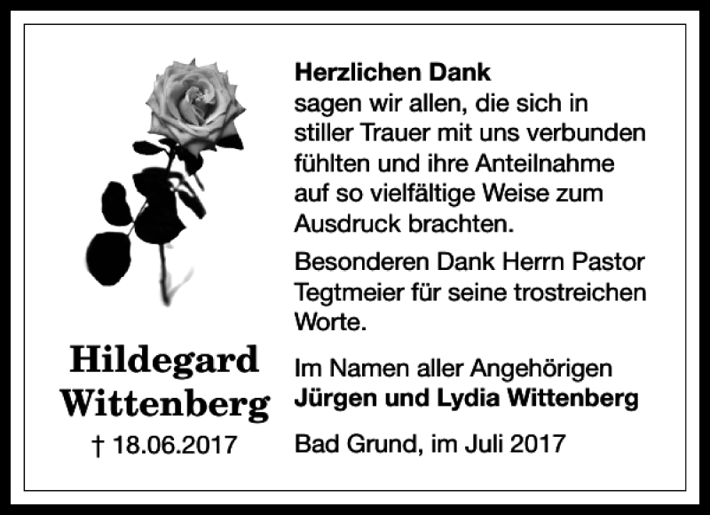  Traueranzeige für Hildegard Wittenberg vom 15.07.2017 aus Harz Kurier