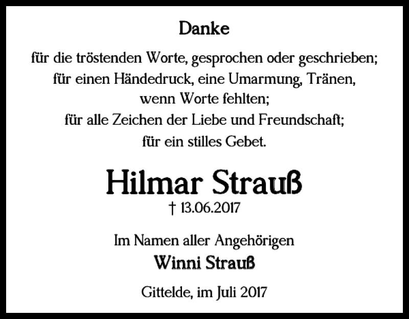  Traueranzeige für Hilmar Strauß vom 08.07.2017 aus Harz Kurier