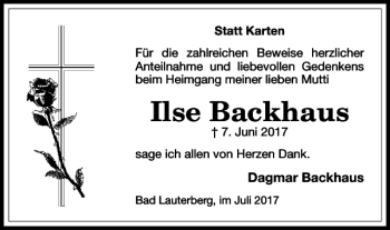 Traueranzeige von Ilse Backhaus von Harz Kurier