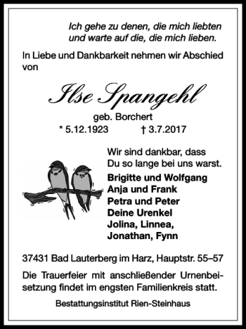 Traueranzeige von Ilse Spangehl von Harz Kurier