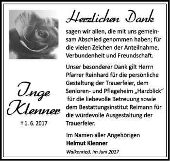 Traueranzeige von Inge Klenner von Harz Kurier