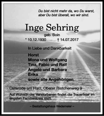 Traueranzeige von Inge Sehring von Harz Kurier