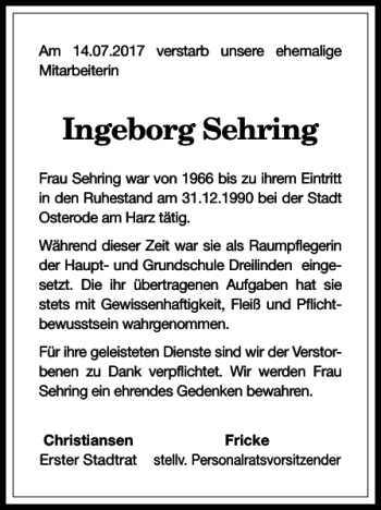 Traueranzeige von Ingeborg Sehring von Harz Kurier