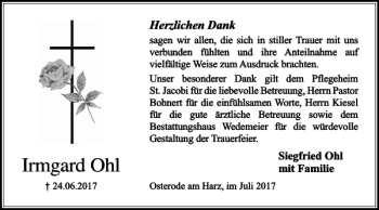 Traueranzeige von Irmgard Ohl von Harz Kurier
