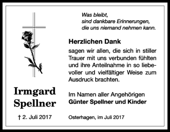 Traueranzeige von Irmgard Spellner von Harz Kurier