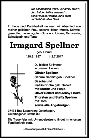 Traueranzeige von Irmgard Spellner von Harz Kurier