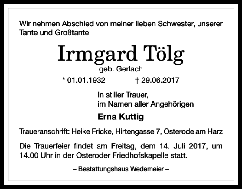  Traueranzeige für Irmgard Tölg vom 05.07.2017 aus Harz Kurier