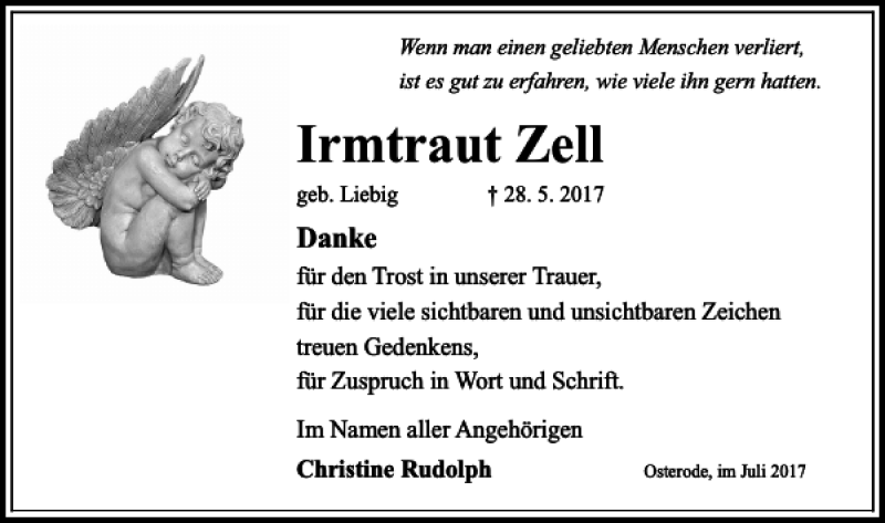  Traueranzeige für Irmtraut Zell vom 01.07.2017 aus Harz Kurier