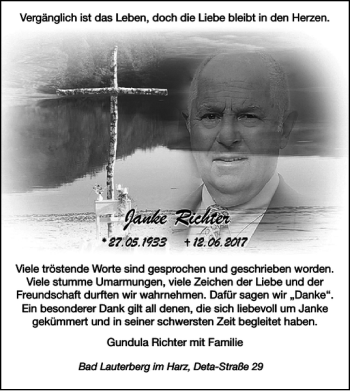 Traueranzeige von Janke Richter von Harz Kurier