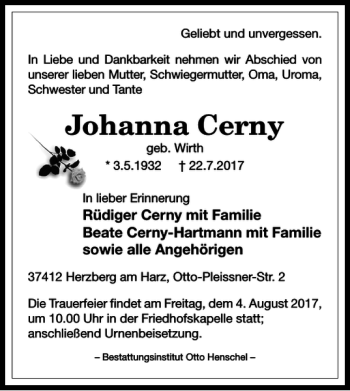 Traueranzeige von Johanna Cerny von Harz Kurier