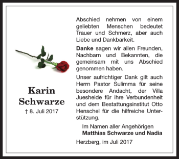 Traueranzeige von Karin Schwarze von Harz Kurier