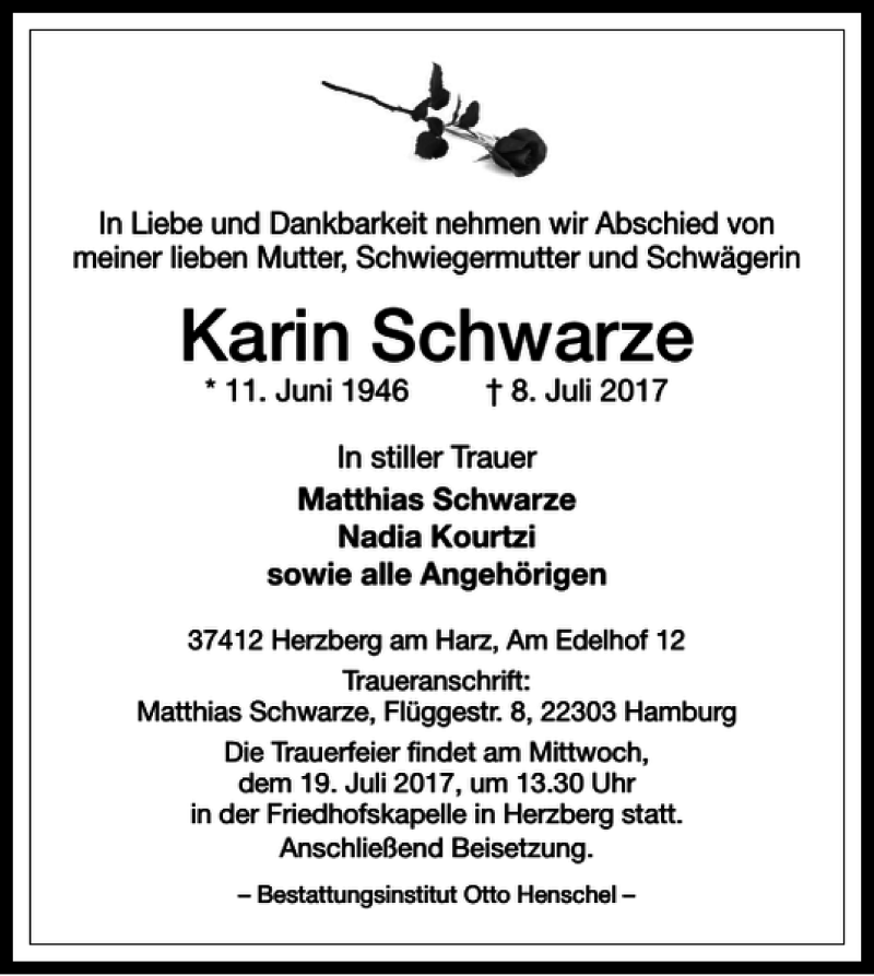  Traueranzeige für Karin Schwarze vom 15.07.2017 aus Harz Kurier
