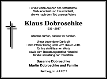 Traueranzeige von Klaus Dobroschke von Harz Kurier